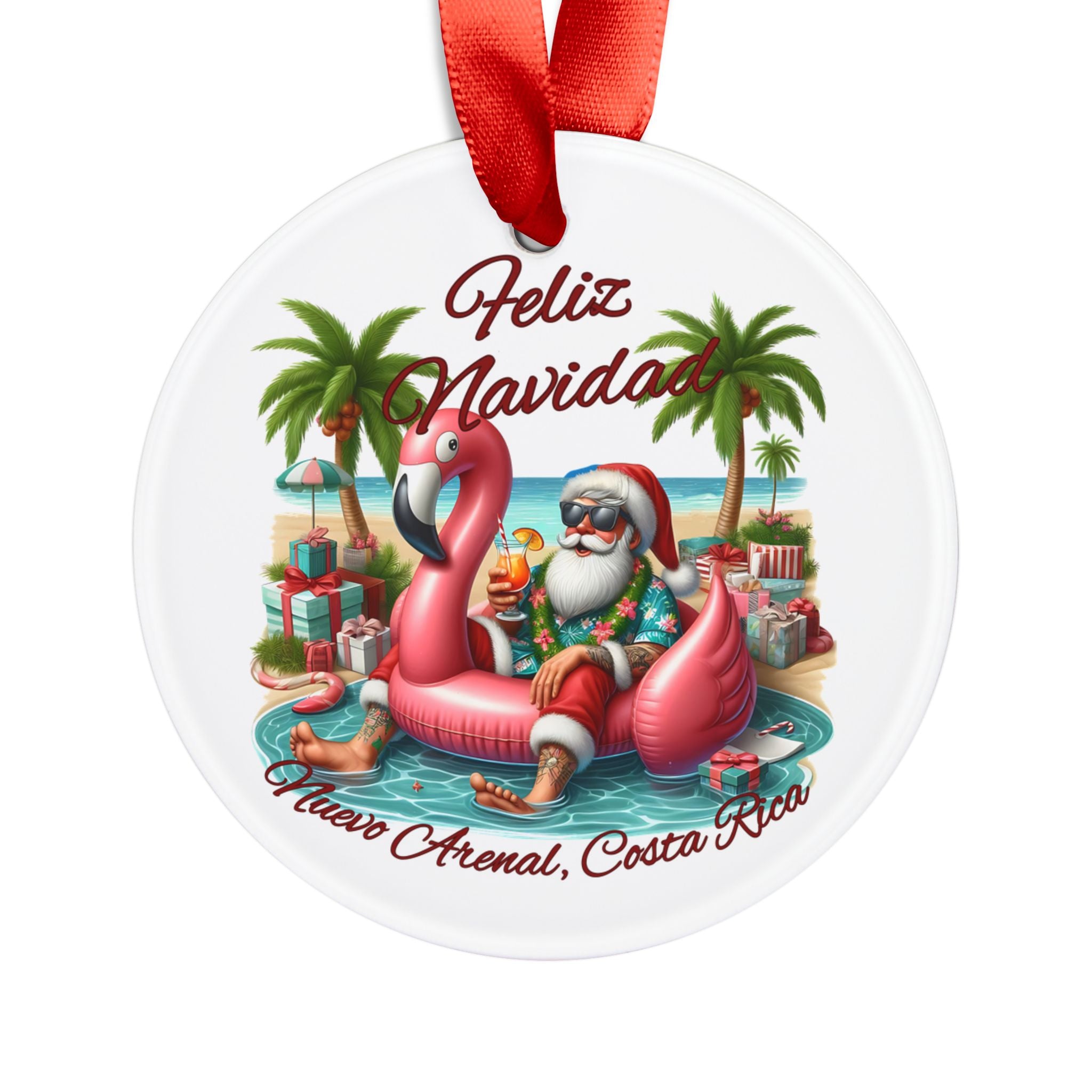 Flamingo Santa Ornament with Ribbon