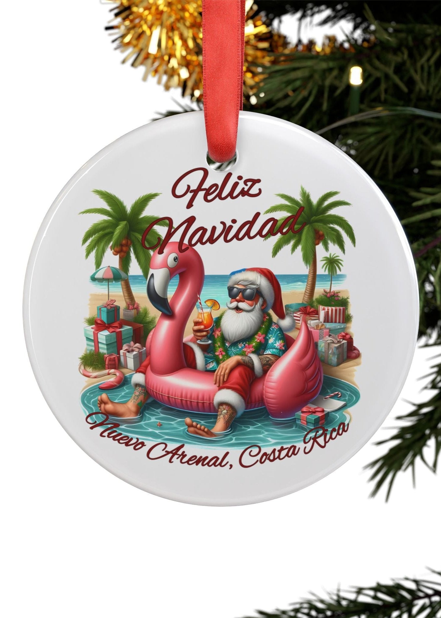 Flamingo Santa Ornament with Ribbon