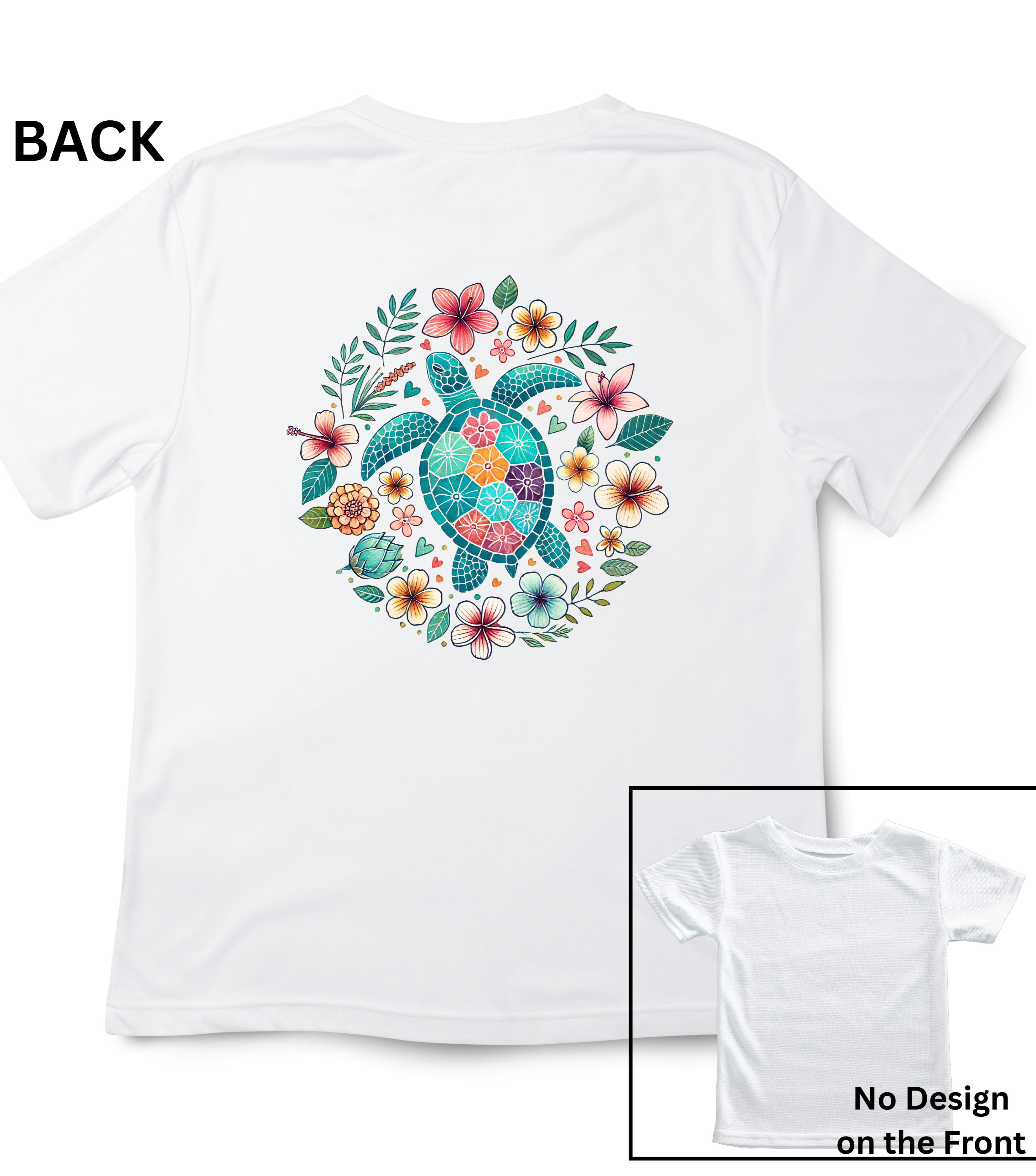 White t-shirt with a colorful turtle and floral design on the back, no design on the front.